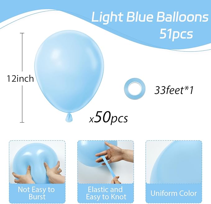Awenztech Light Blue Balloons 12 inch, Pastel Blue Latex Balloon 50pcs Party - Image 2