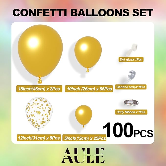 AULE 100Pcs Metallic Gold Balloons 18/12/10/5 Inch Different Sizes | Chrome - Image 2
