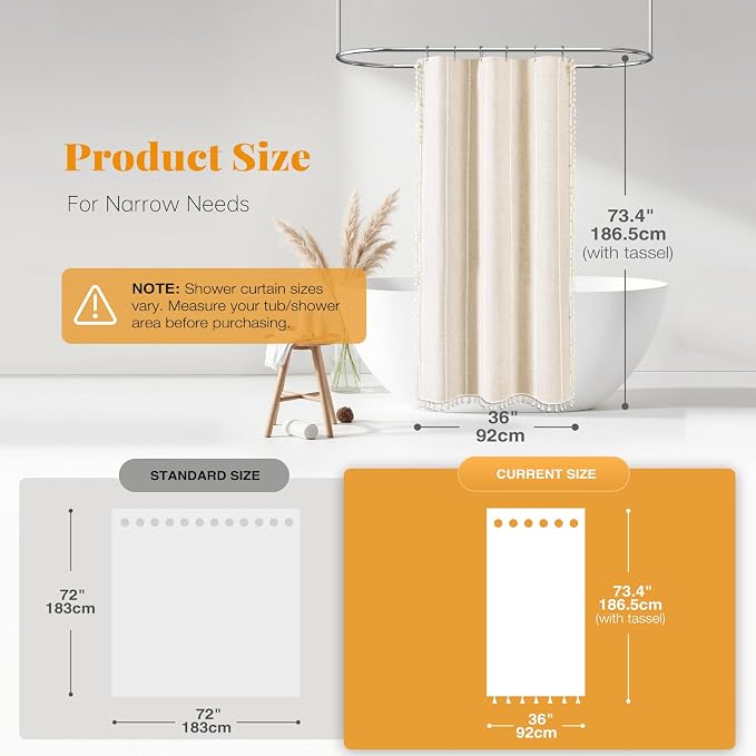 Small Boho Linen Heavy Duty Cloth Shower Curtain, Cream/Beige | Stall Size - Image 3