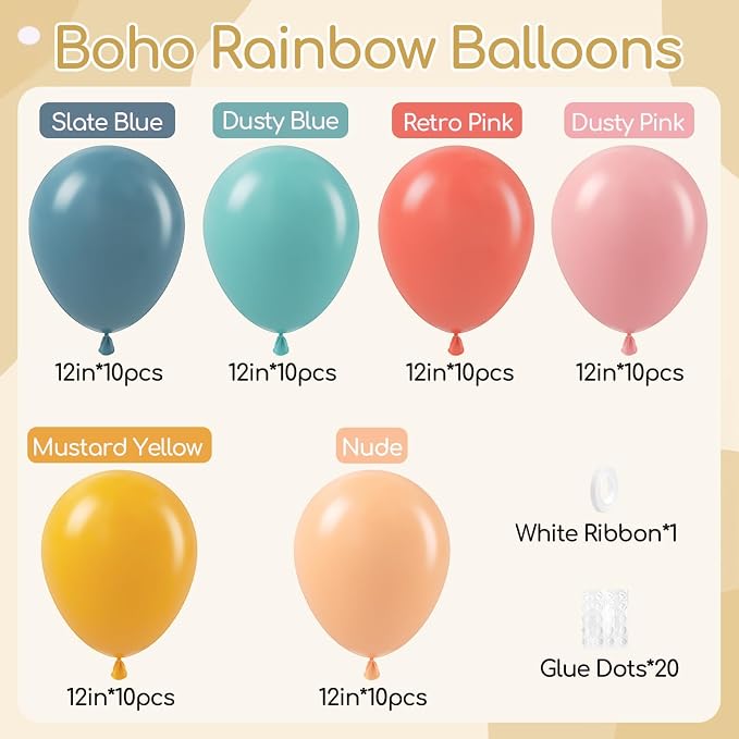 60pcs Boho Rainbow Balloons Assorted Colors 12inch - Image 2