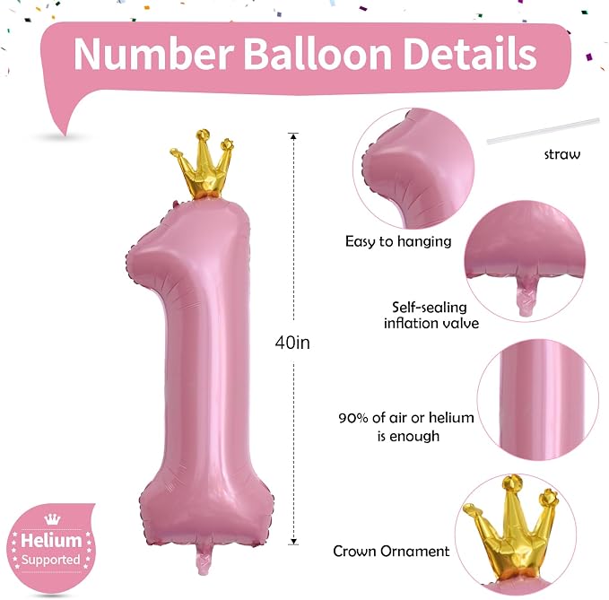 Crown Pink Number 1 Balloon for Girls 1st Birthday Party, 40 Inch Large Number - Image 2
