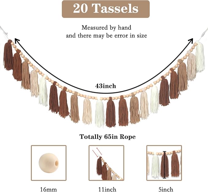 Brown Boho Yarn Wood Bead Tassel Garland Decor Terracotta Rainbow Western - Image 3