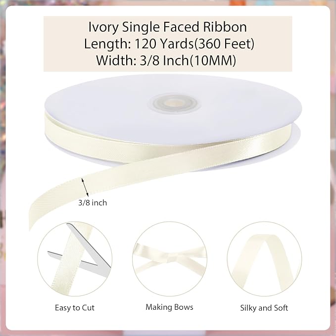 woric 120 Yards Ivory Satin Ribbon 3/8 Inch Thin Cream Ribbons | Single-sided - Image 2