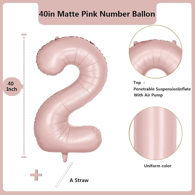 40 inch Pink Number Balloon Light Pink 2 Balloon Matte Pink Number 2 Balloon - Image 2