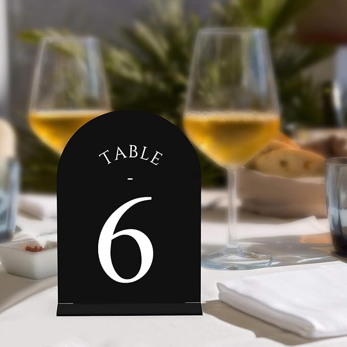 JOYIT Arch Wedding Table Numbers 1-30 with Stands – Double-Sided Printed 5" X 7" Acrylic Table Signs with Black Background White Text, Perfect Acrylic Table Numbers for Wedding Receptions, Parties, Anniversaries, and Events