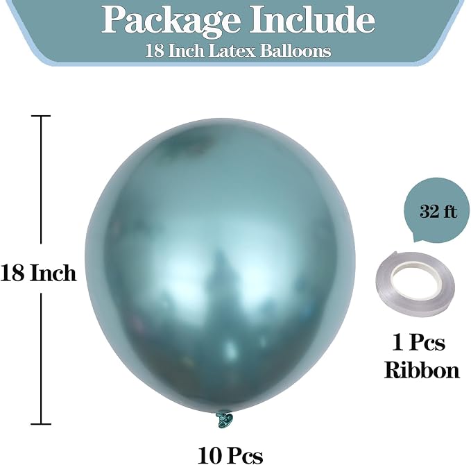 10pcs 18 inch Metallic Green Balloons, Thick Latex Chrome Helium Balloons - Image 2