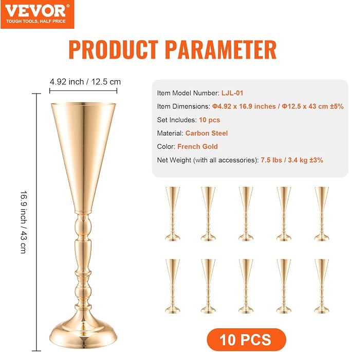 VEVOR 10PCS 43cm/16.9” Tall Wedding Flower Vase, Metal Wedding Trumpet - Image 7