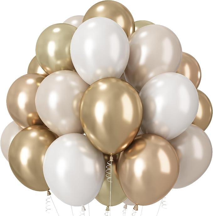 Champagne Gold and White Balloons, 12 Inch Double Stuffed Pearl White Sand Gold by Paeyeq