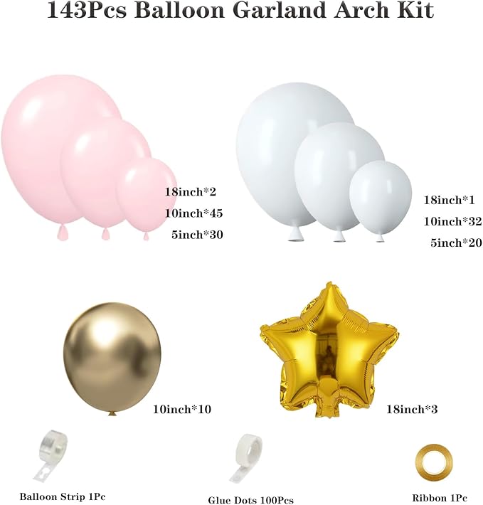 Pink White Gold Balloon Arch Garland Kit 143Pcs Pink White Metallic Gold Latex - Image 2