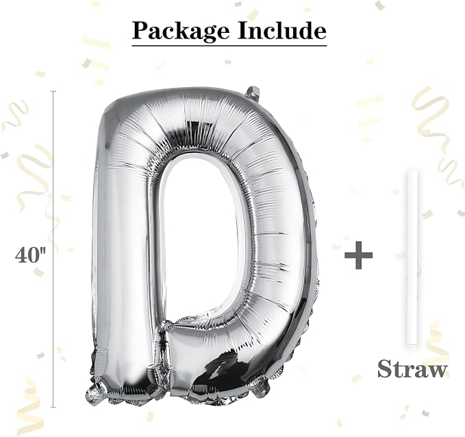 40 inch Silver Letter D Balloon, Big Size Alphabet Foil Mylar Helium Balloons - Image 2