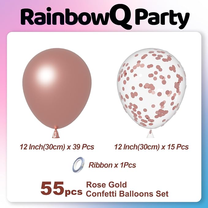 RainbowQ Metallic Rose Gold Balloons 55Pcs 12 Inch Confetti Helium | Chrome - Image 3