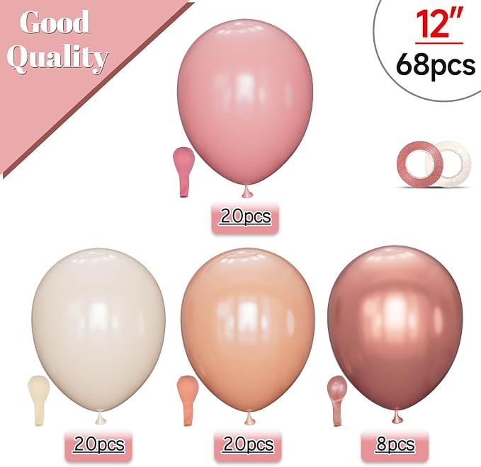 68 Pcs Retro Pink Nude Party Balloons 12Inch Dusty Pink Metallic Rose Gold - Image 2