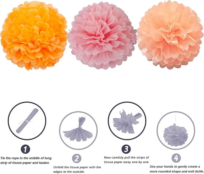 We Moment Orange Pink and Peach Paper Flowers Pom Poms Decorations - Image 3