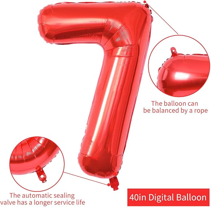 TONIFUL 40 Inch Red Number 7 Balloons Large Foil 7th Birthday Decorations | Red - Image 2