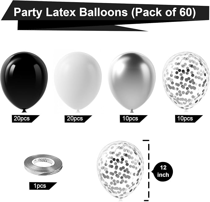 Bezente Black Silver and White Confetti Balloons Set 60pcs 12 inch | Metallic - Image 3