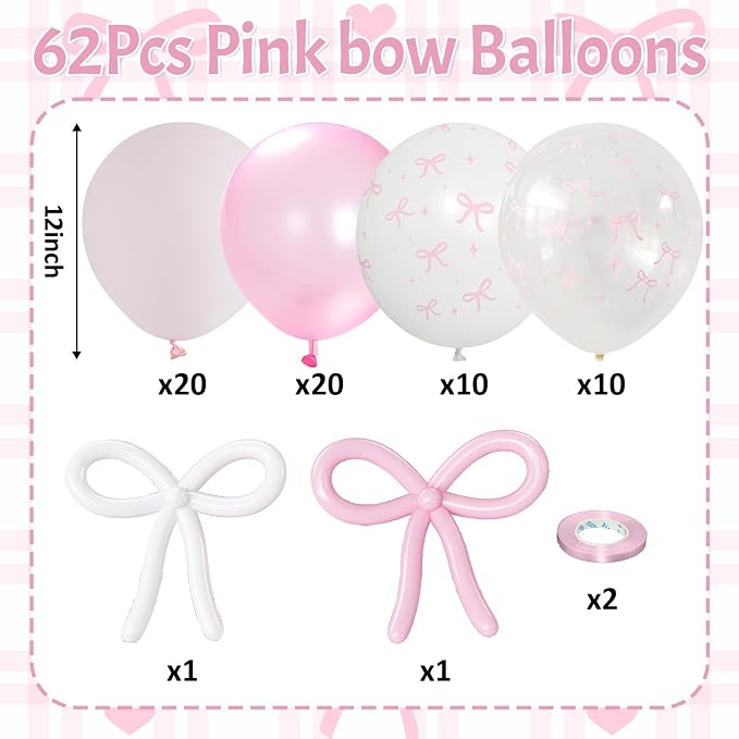Pink Bow Balloons, 12Inch Transparent Bowknot Print Helium Balloon - Image 2