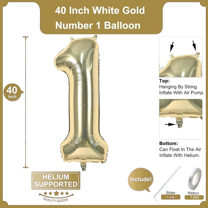 2Pcs Champagne Gold Foil 40" Number 1 and 26" Script Letter One Balloon Set | - Image 2