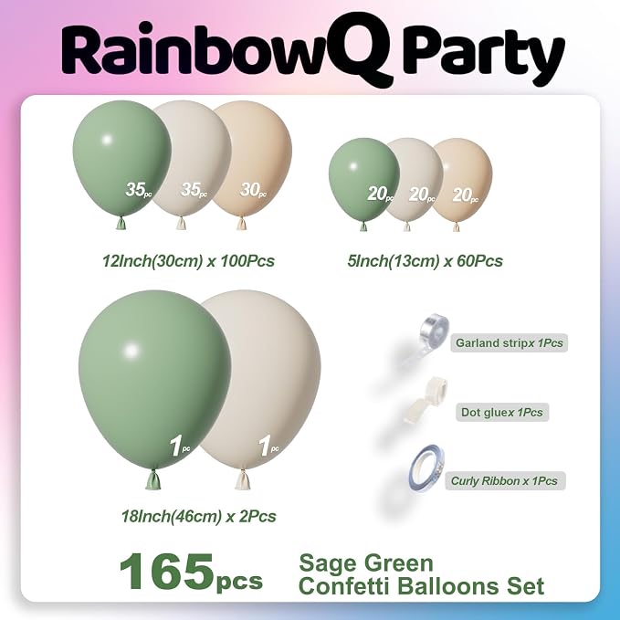 RainbowQ 165 Pcs Sage Green Balloons Arch Kit Different Sizes Garland | Olive - Image 3