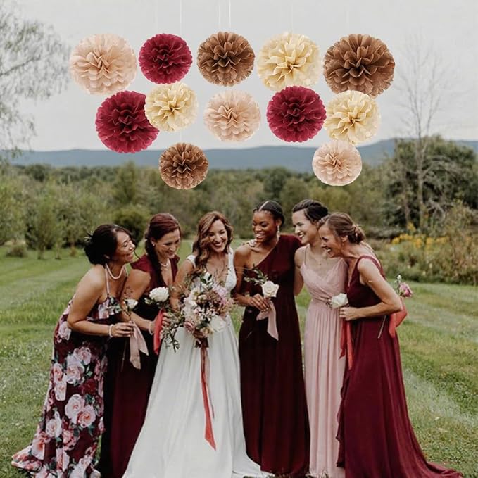 Capesaro Burgundy Beige 12PCS Paper Pom Poms Party Decorations - Image 9