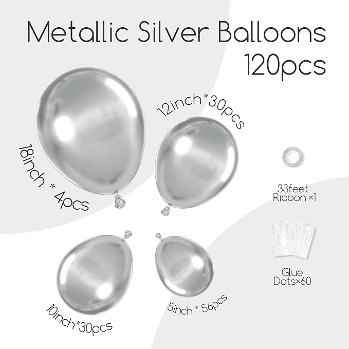 Awenztech 122pcs Metallic Silver Latex Balloons in 18 12 10 5 inches | Wedding - Image 2