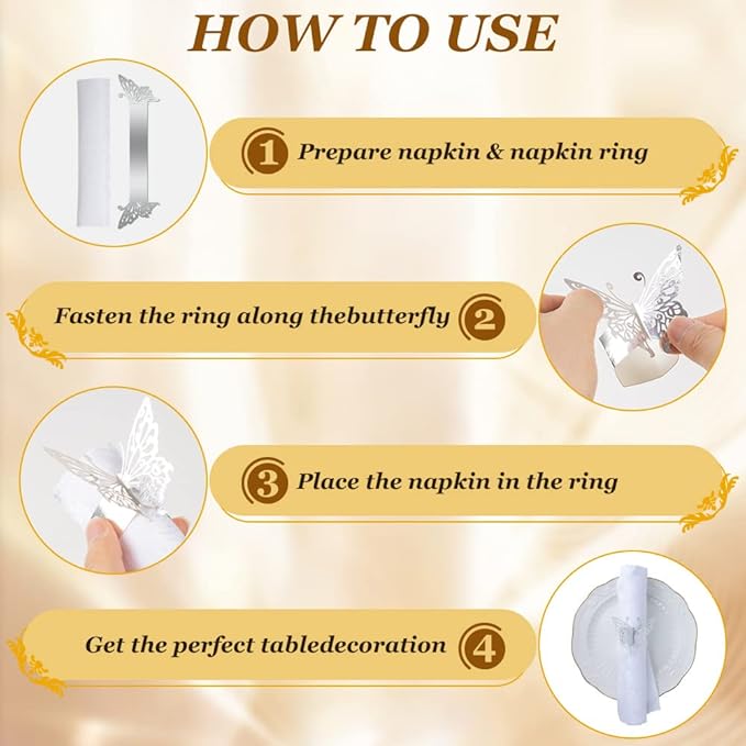 150PCS Butterfly Napkin Rings for Luxury Banquet Style, Reusable Paper Napkin Holders for Wedding Banquet Dinner Table Decor, and Catering Party Services (Silver) (Pack of 2)