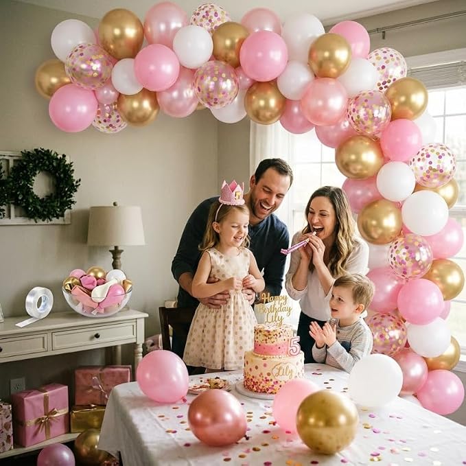 Pink and Gold Balloons, 12 Inch Light Baby Pink White and Gold Confetti Balloons - Image 7