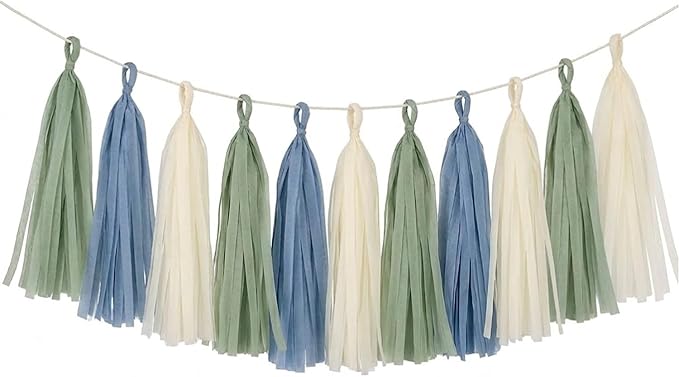 15PCS Dusty Blue Sage Green Ivory Party Tissue Tassel Garland Decorations by ALLHEARTDESIRES