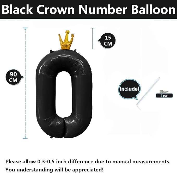 Black Number 0 Balloon with Crown, 40 inch Black Number Balloon 0th Birthday - Image 2
