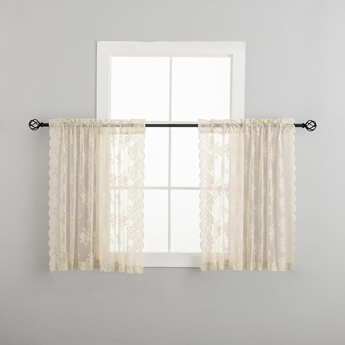 Kotile Beige Lace Curtains for Kitchen Windows W52 x L36 Inch, 2 Panels | Rod - Image 7