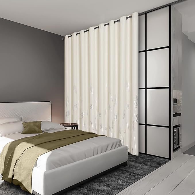Cream Beige Curtain for Sliding Door 100W x 84L Inch Long Silver Palm Curtains - Image 2