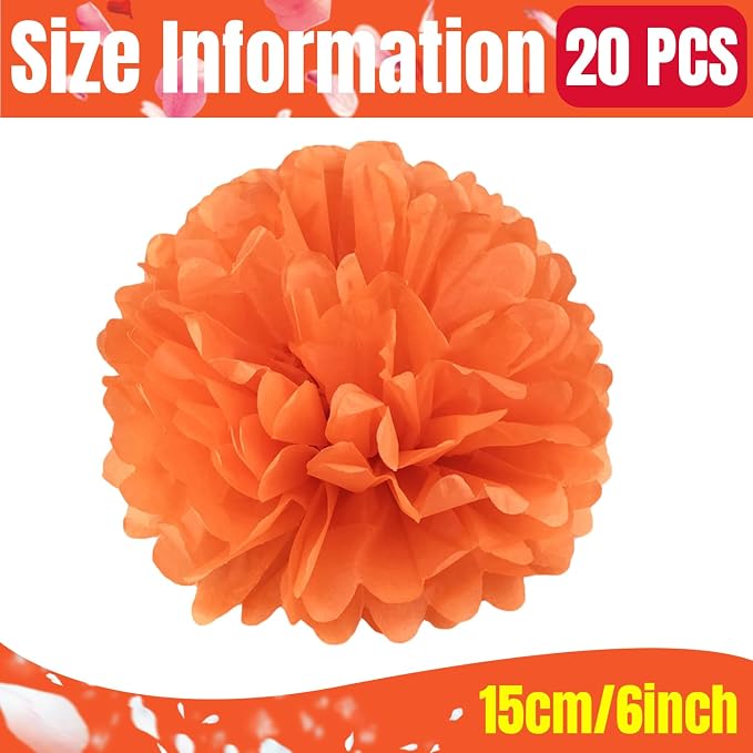 Qimoo 20pcs Red-Orange Tissue Paper Pom Poms Decorations - Image 2