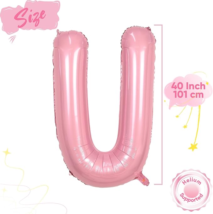 Pink Letter Balloon U, 40 Inch Big Pastel Pink Foil Helium Alphabet U Letter - Image 2