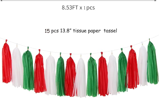 Red-Green White Christmas Party-Decorations Tassel-Garland -15pcs Mexico Italy - Image 2