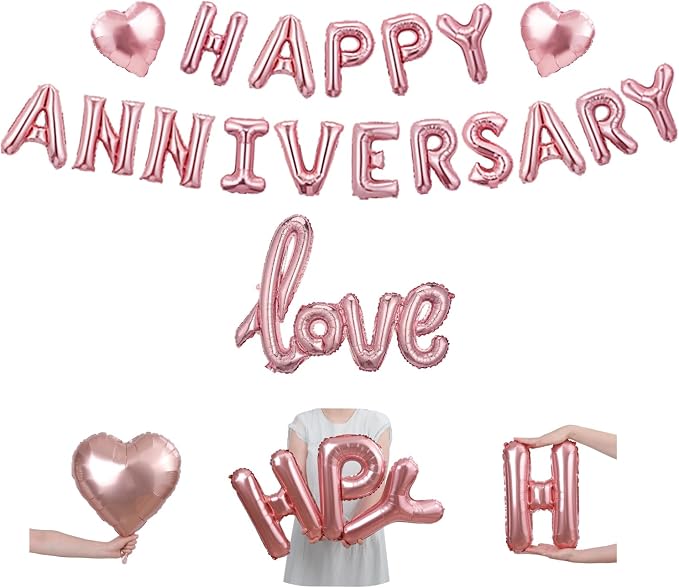 Happy Anniversary Balloon Set, Rose Gold Foil Balloon Banner by Unknown