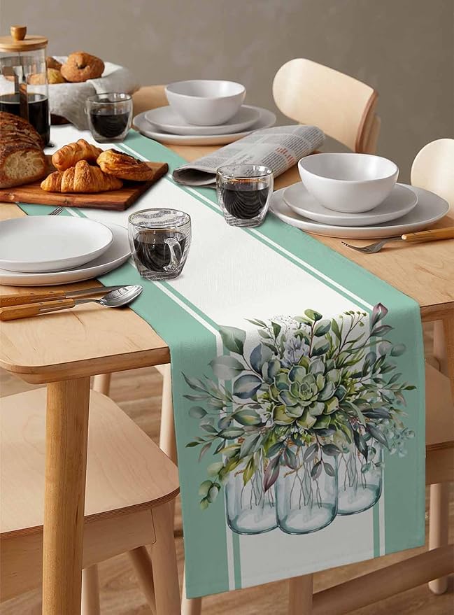 Eucalyptus Cotton Linen Table Runner for Dining Kitchen, Wedding Outdoor Party Tablerunners Decoration, Green Leaves Botanical Plants Watercolor Dresser Scarf Coffee Tablecloth Runners 13x48 Inches