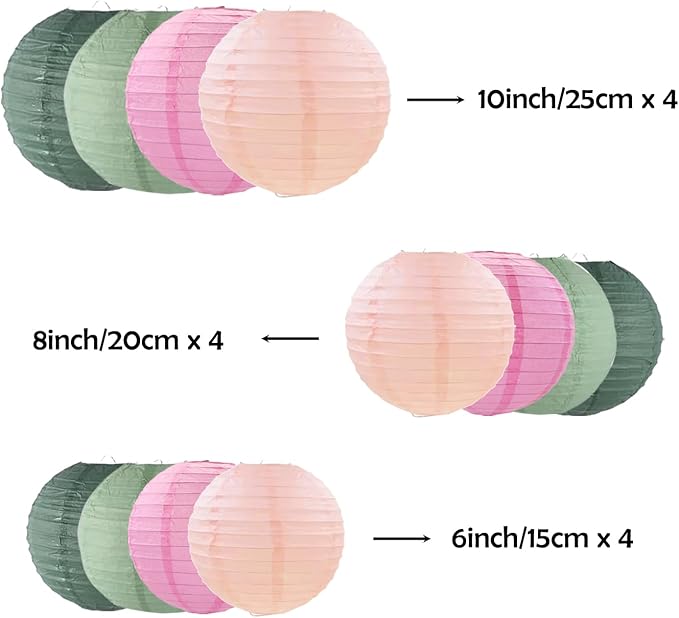 ZOOYOO Sage Green Pink Paper Lanterns, Boho Round Hanging Paper Lanterns - Image 2