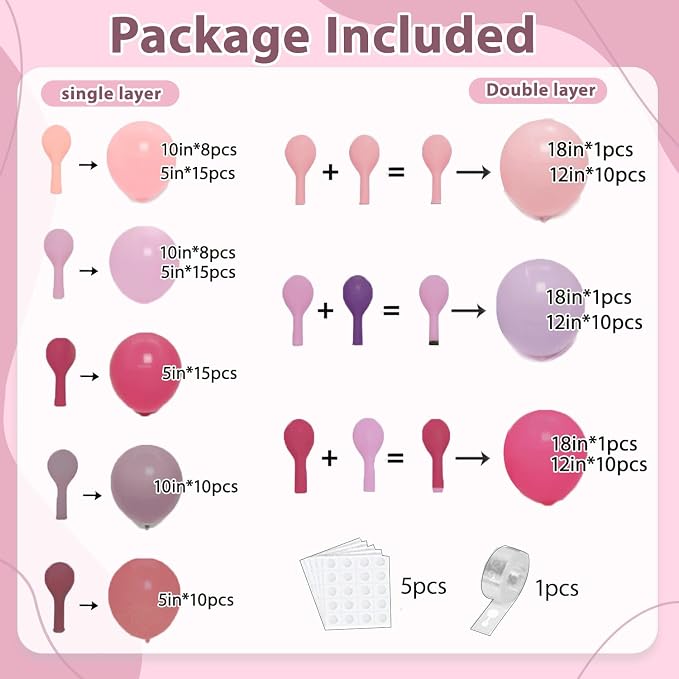 Hot Pink Purple Balloons Arch Kit, Double Stuffed Lavender Lilac Dusty Purple - Image 2