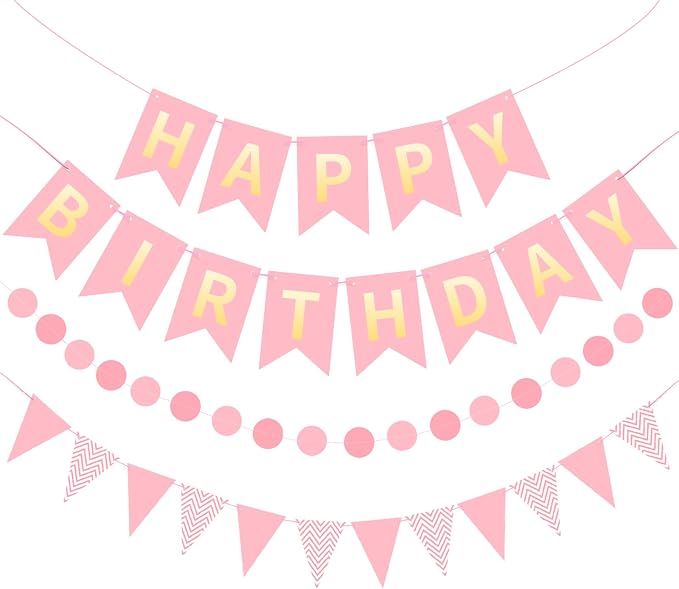 Pink Gold Happy Birthday Banner, Happy Birthday Decorations Hanging Birthday by Unknown