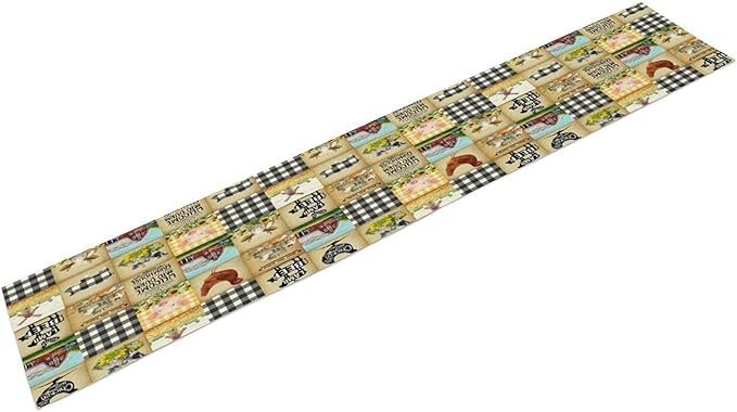 Farmhouse Animals Table Runner,Rustic Cabin Pig Chicken Cow Sunflowers Geometric Grids Burlap for Hotel Indoors Outdoor Dining Room Kitchen Holiday Party, 13x60in