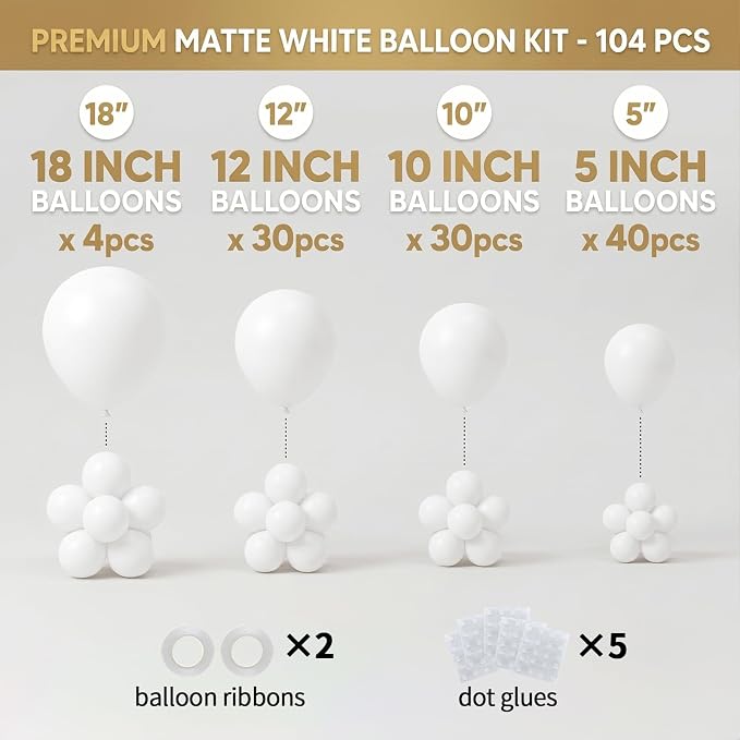 104pcs White Balloon Garland Arch Kit, Different Sizes 18 12 10 5 Inch | White - Image 2