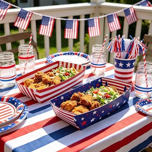 50 Pcs Patriotic Party Snack Trays, Disposable American Flag Paper Serving Boats, Red White and Blue Food Trays for July 4th, Memorial Day & USA Themed Events – 2 Designs - Image 5