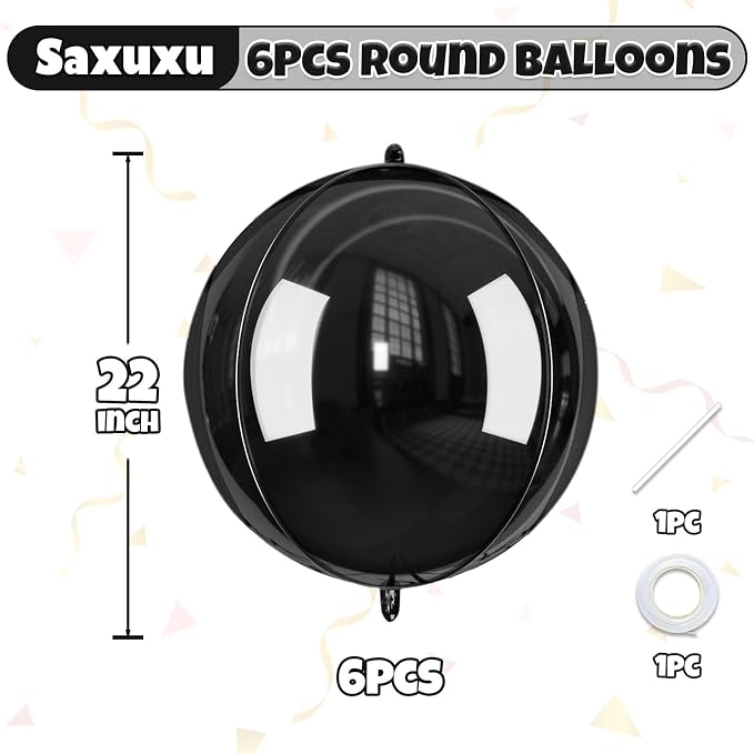 Black Balloons Foil, Metallic Black 4D Ball Balloons, 22 Inch Round Balloon - Image 3