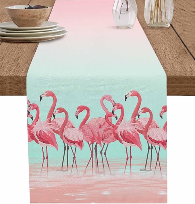 Tropical Flamingo Cotton Linen Table Runner for Dining Kitchen, Wedding Outdoor Party Tablerunners Decoration, Pink Bird Coastal Nautical Animal Dresser Scarf Coffee Tablecloth Runners 13x48 Inches