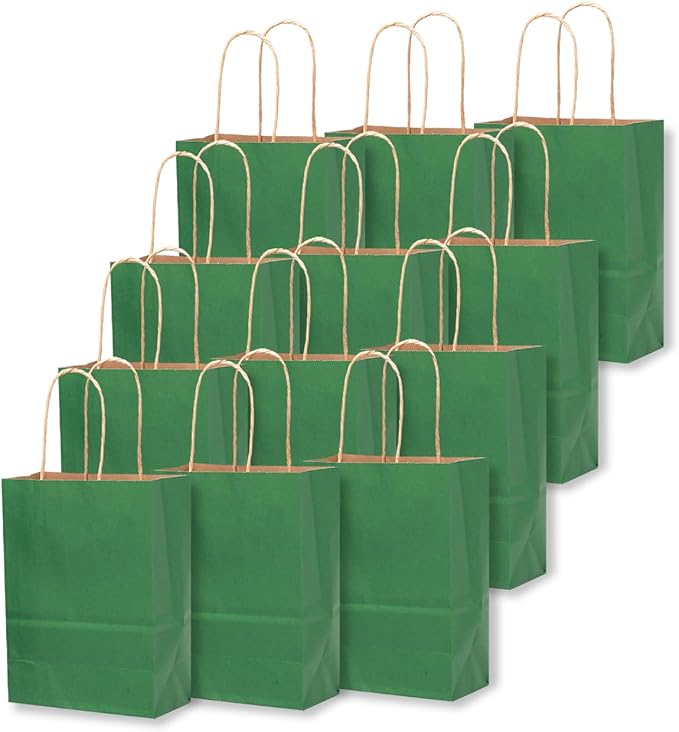 qiqee 24 Pcs Deep Green Mini Paper Gift Bags with Handles 6"x4.5"x2.5" Small Brown Kraft Party Favor Bags Treat Bags Multiple Uses (Mini size)