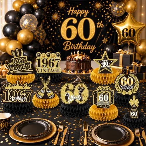 Birthday Decorations 2027-9Pcs 60th Birthday Honeycomb Table Decorations - Image 2
