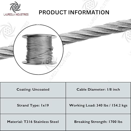 Laureola 1/8" Type-1x19 Grade-316 Stainless Steel Cable Railing Wire Rope - 700ft