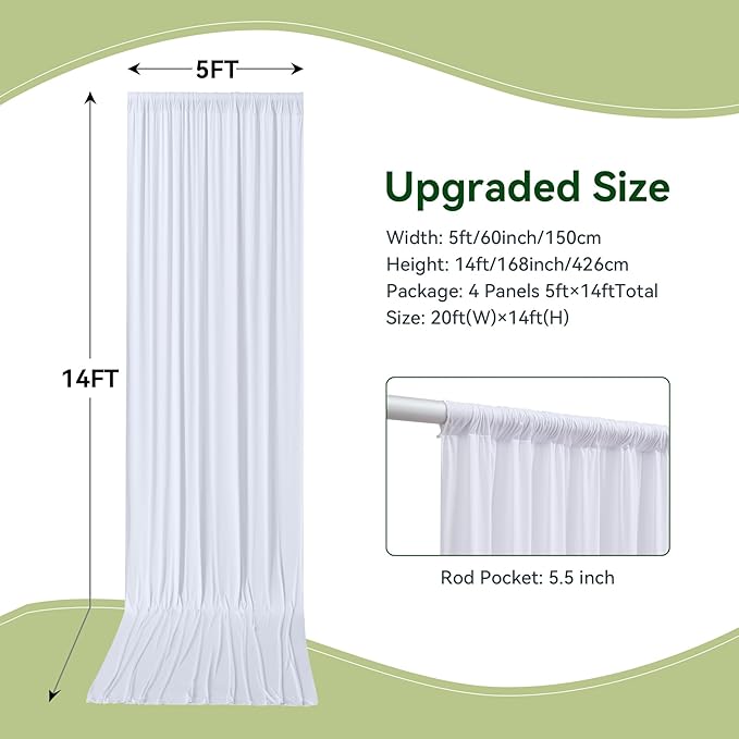 20×14 ft White Wrinkle Free Backdrop Curtain, Soft Silky Polyester Wedding Drapes 4 Panels 14ft Height Photo Backdrop Curtains for Parties Birthday Baby Shower Photography Background Cloth