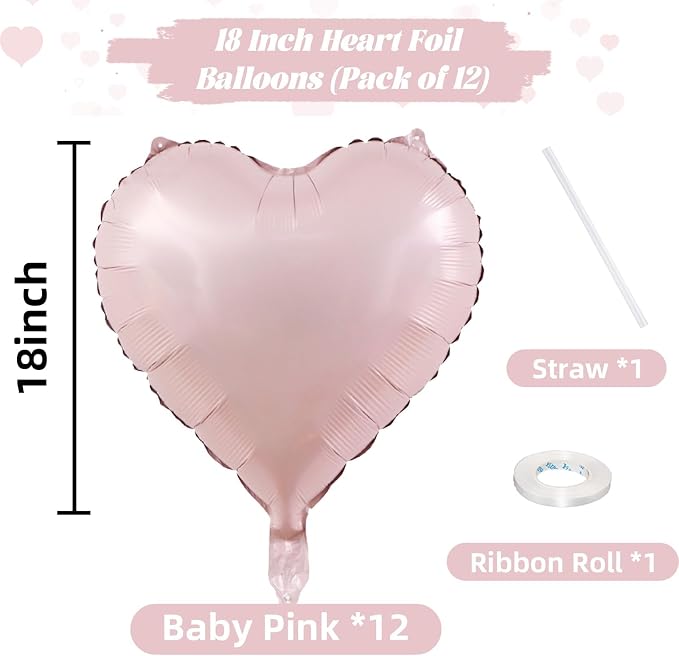 Baby Pink Heart Balloons, 18 Inch Pink Heart Balloons, Pastel Pink Helium Foil - Image 2