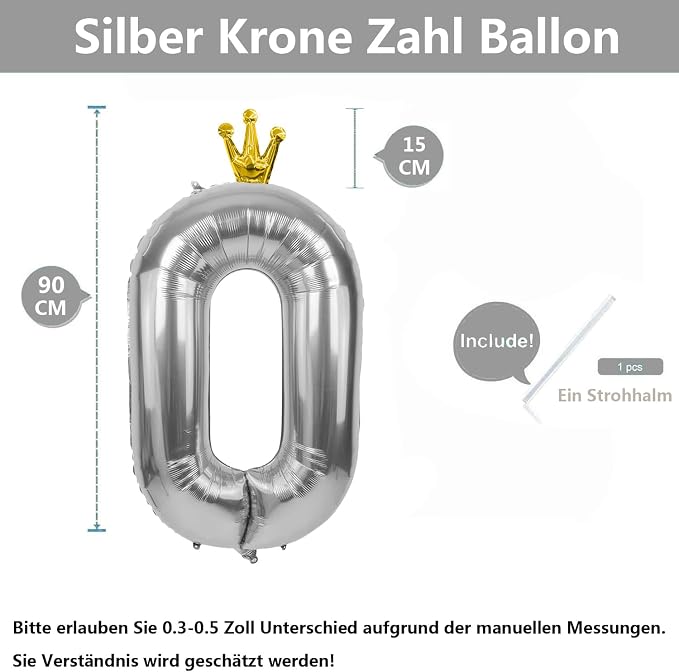 Silver Number 0 Balloon with Crown, 40 inch Silver Number Balloon 0th Birthday - Image 2