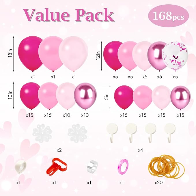 168pcs Hot Pink Balloon Garland Arch Kit Different Sizes | 18 12 10 5 inch - Image 2